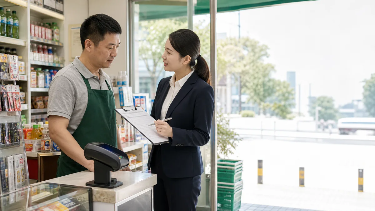 POS服务人员在便利店与商户核对收款需求,展示新代理7天商户验证场景