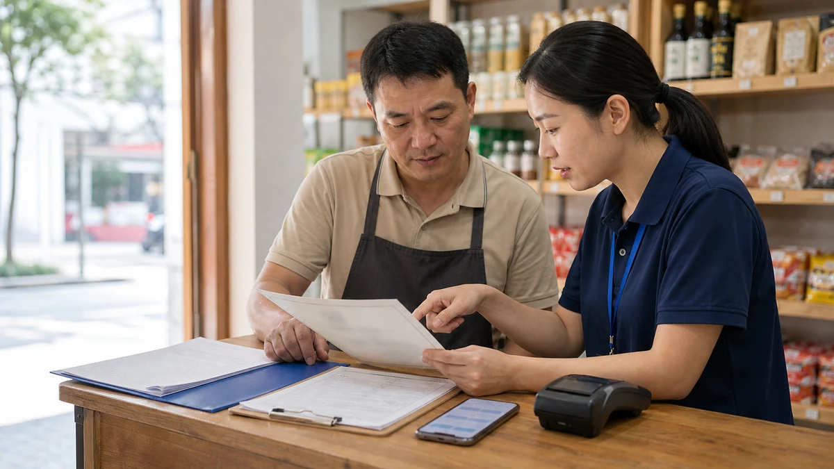 POS代理与商户在门店核对营业执照、经营场所和结算资料