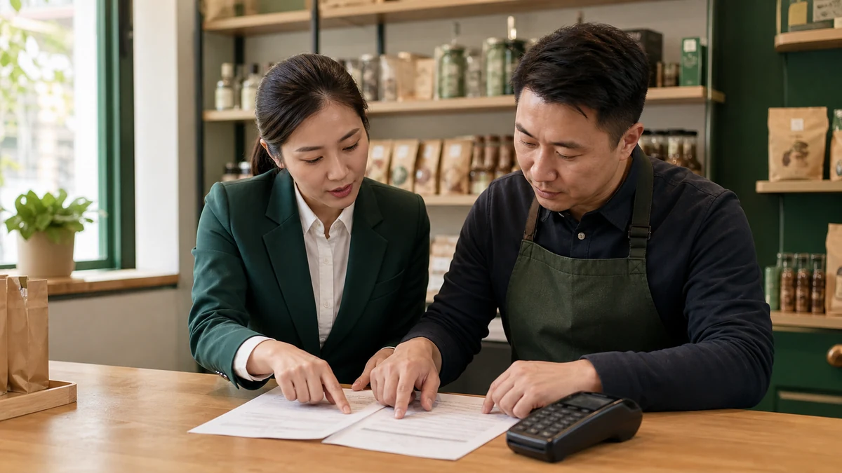 POS机代理与商户在门店核对服务协议和交易手续费