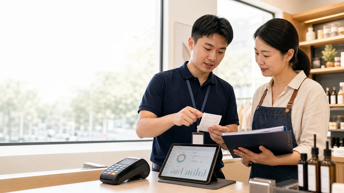 POS机代理在门店核对POS小票商户名称和营业执照信息