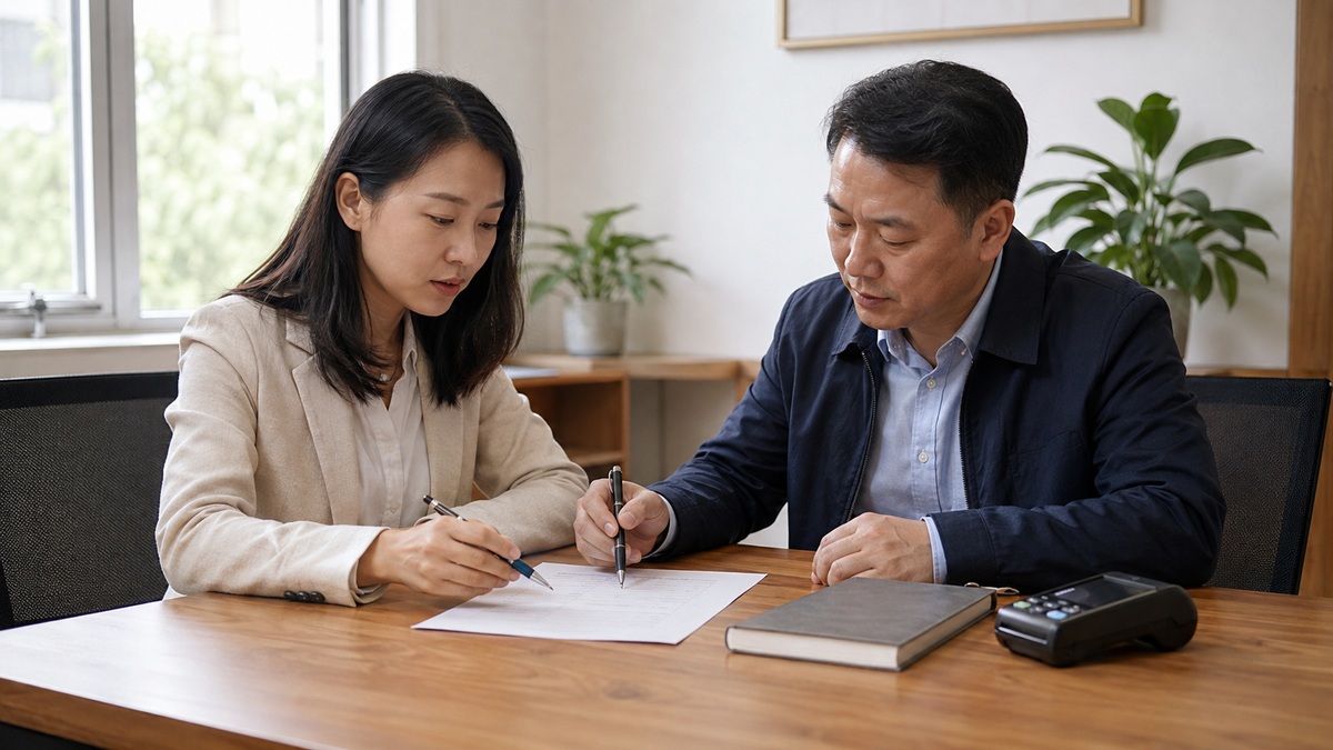 两位支付服务从业者在办公室核对POS机代理合作政策清单的场景示意