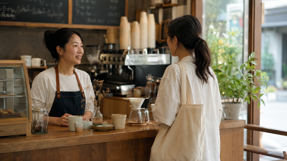 咖啡店店主与到店顾客交流的AI场景示意图