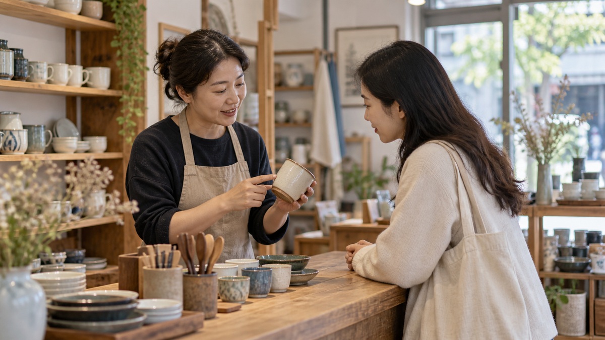 家居用品店店主向顾客介绍商品的AI服务场景示意图
