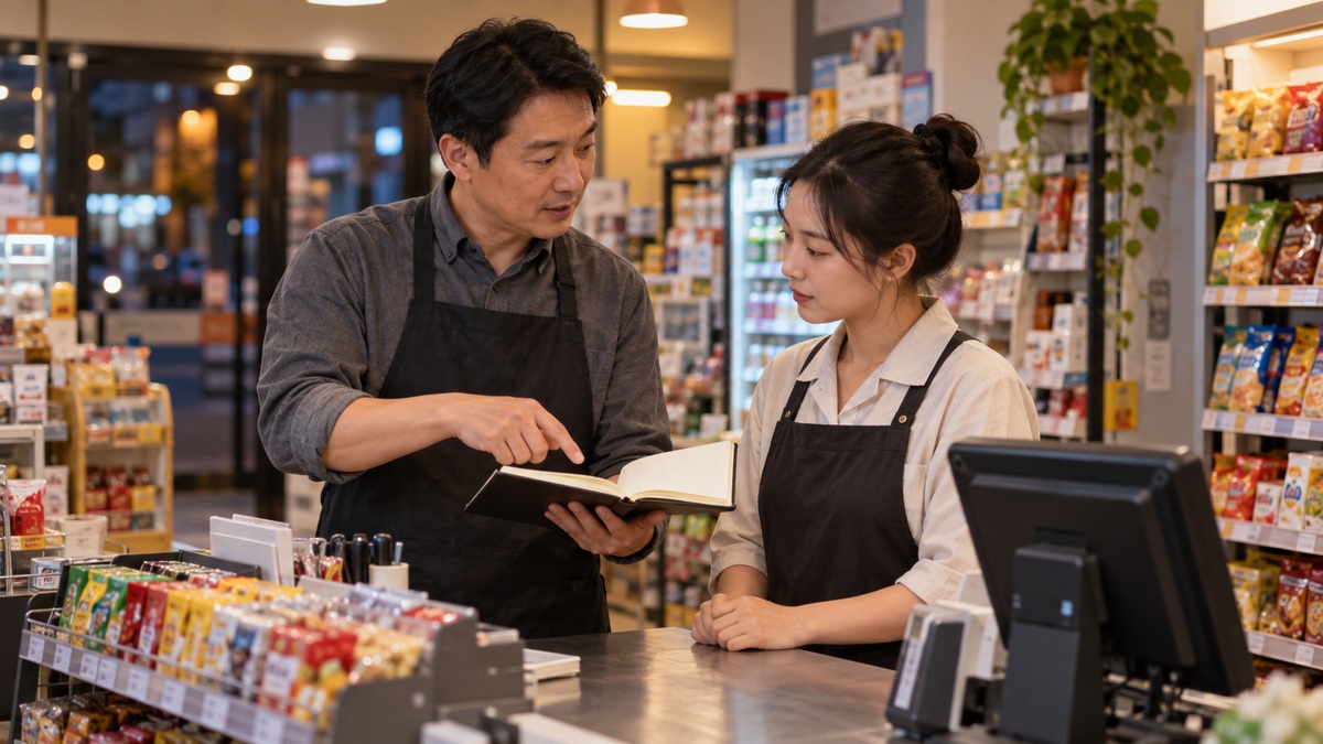 便利店负责人向收银员交接服务提醒的AI场景示意图