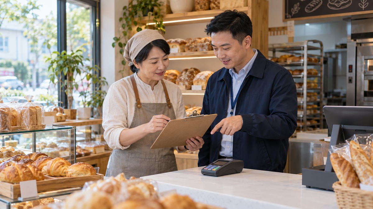 面包店商户与服务人员查看POS售后清单的AI场景示意图