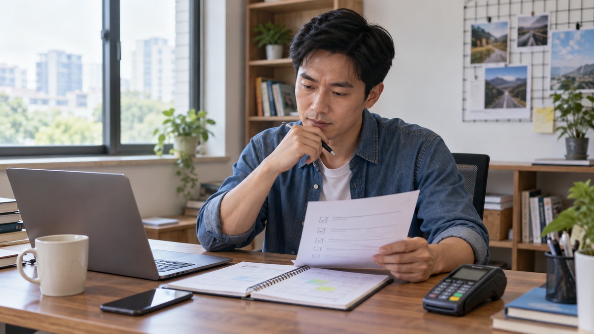 支付创业者在办公室核对POS机代理全职与兼职经营计划的AI场景示意图