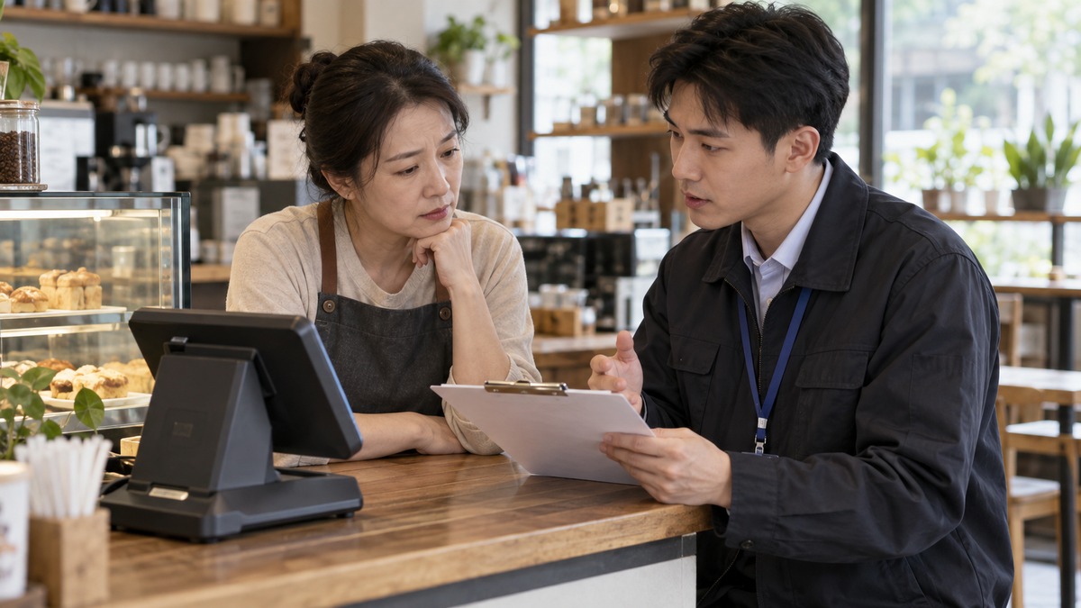 支付服务人员在门店与商户沟通POS机投诉问题的AI场景示意图