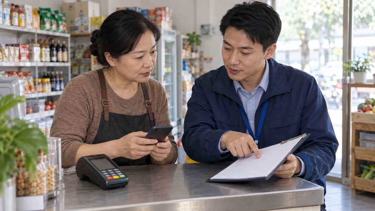 POS机商户与服务人员核对手机号变更的AI门店场景示意图