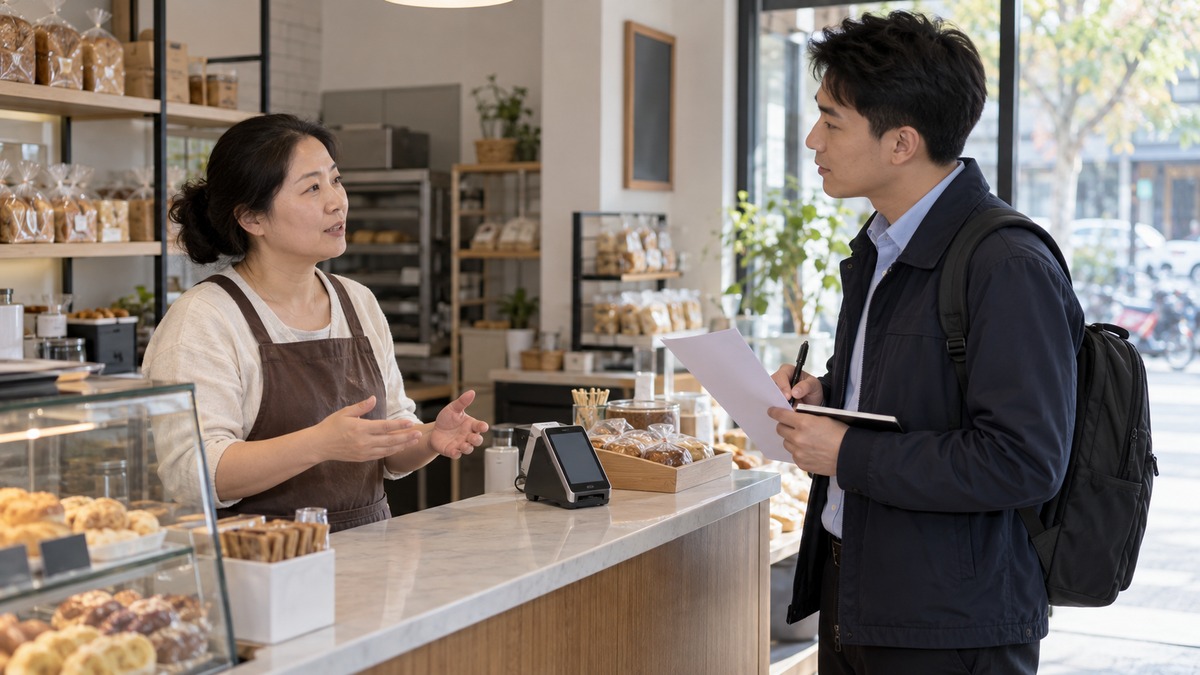POS机代理在门店与商户沟通收款需求的AI场景示意图