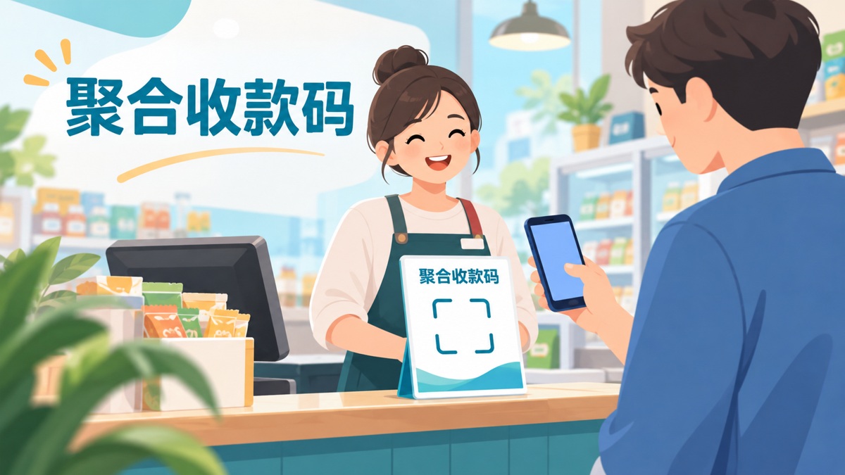 卡通商户与顾客在门店柜台使用通用扫码收款示意牌